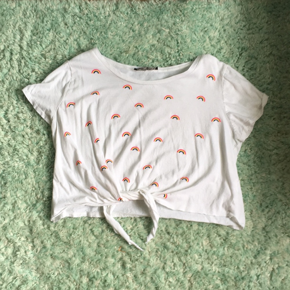 Rainbow printed white Forever 21 crop top